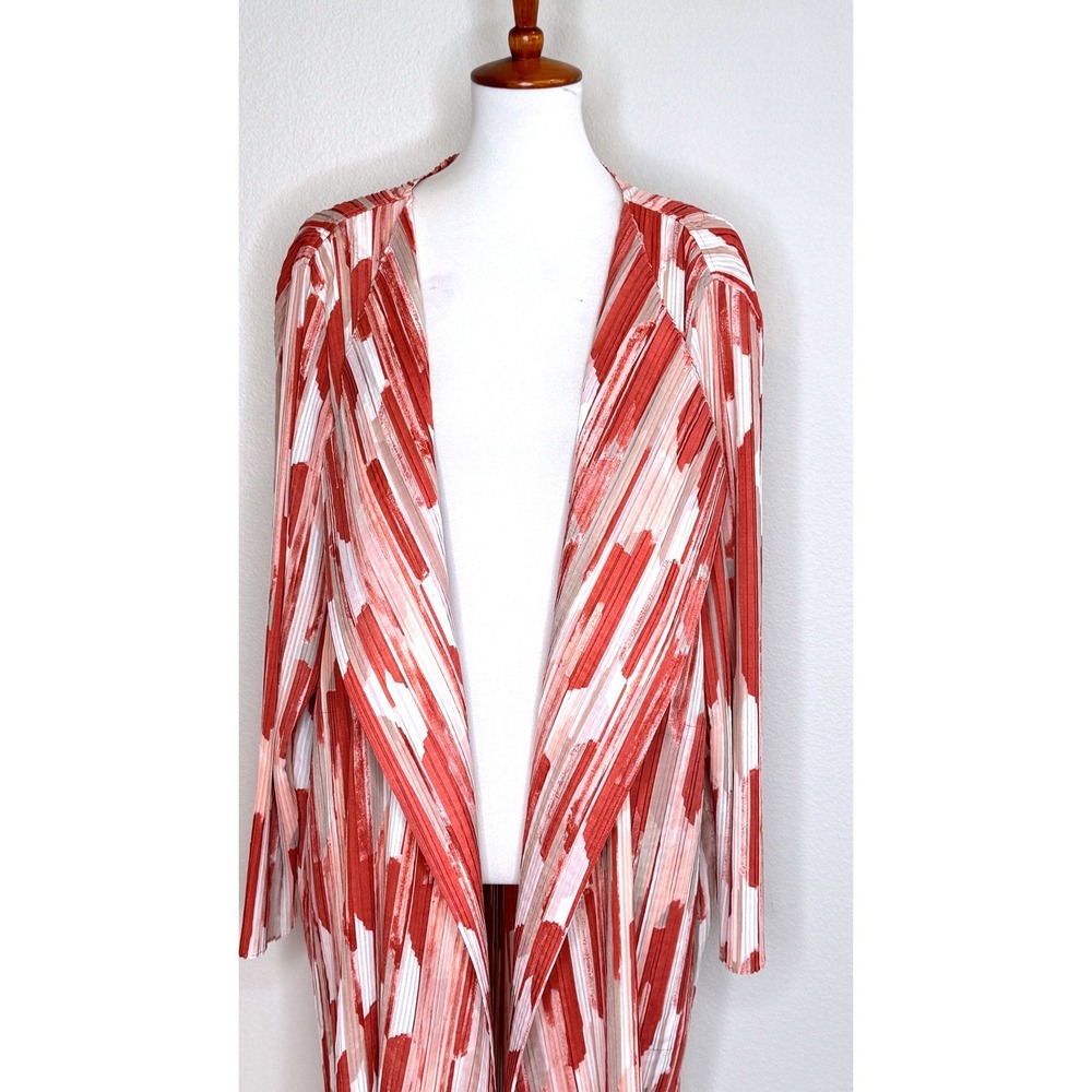 CHICO'S TRAVELERS Pleated Open Front Duster 16/18 Artsy Print Coral Art to Wear - Picture 3 of 8